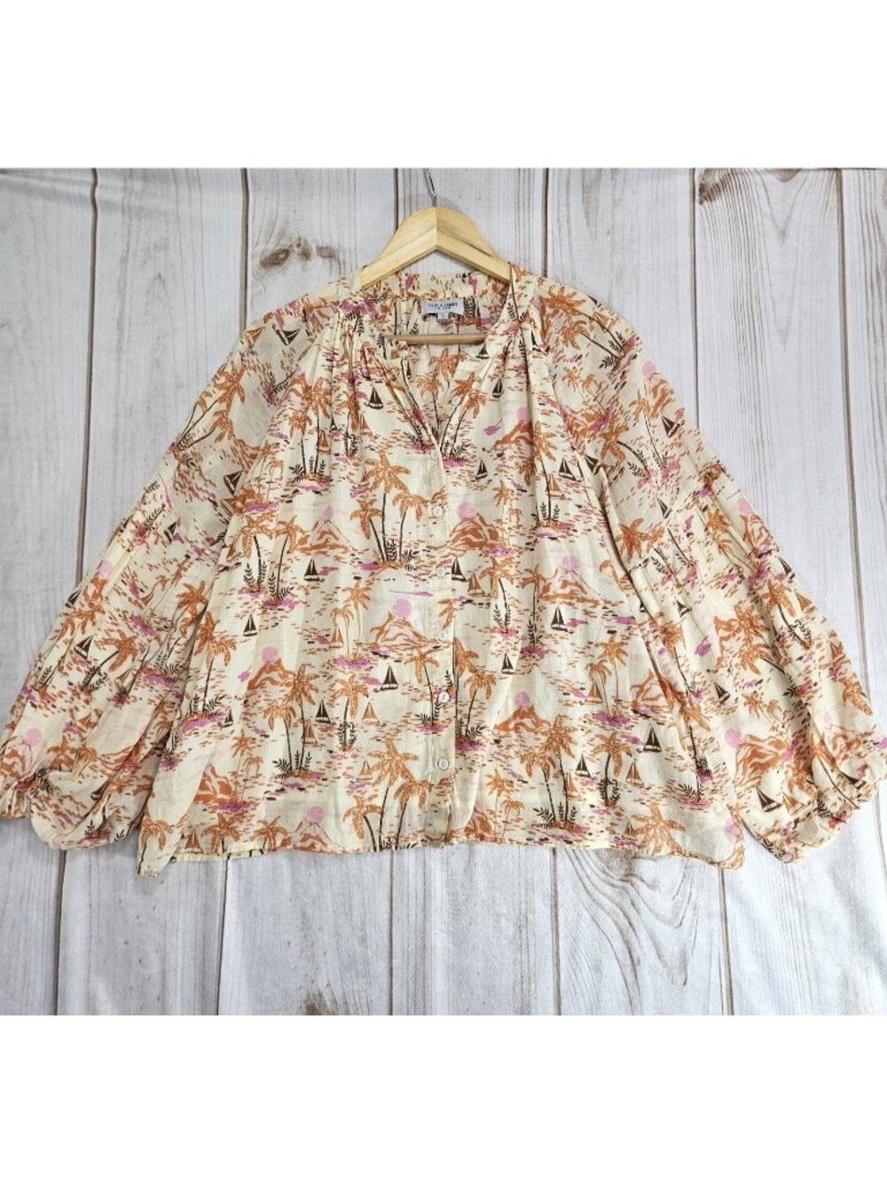 Olivia James The Label Womens L Tropical Blouse Puff Sleeve 100% Cotton Button